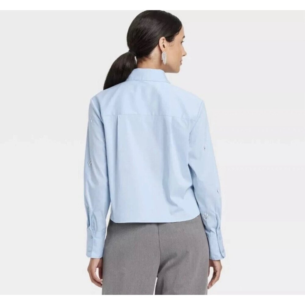 A New Day Women's Baby Blue Collar Cropped Rhinestones size M NWT - Picture 4 of 5